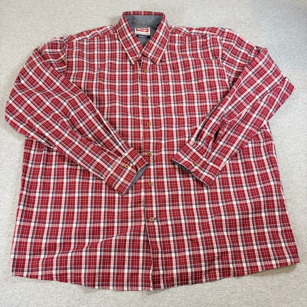 Wrangler Button Down Shirt Mens XXL Red Plaid Wrinkle Resist Long Sleeve